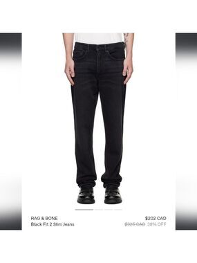 Rag & Bone Men's Black Fit 2 Slim Jeans 32×29 Like New